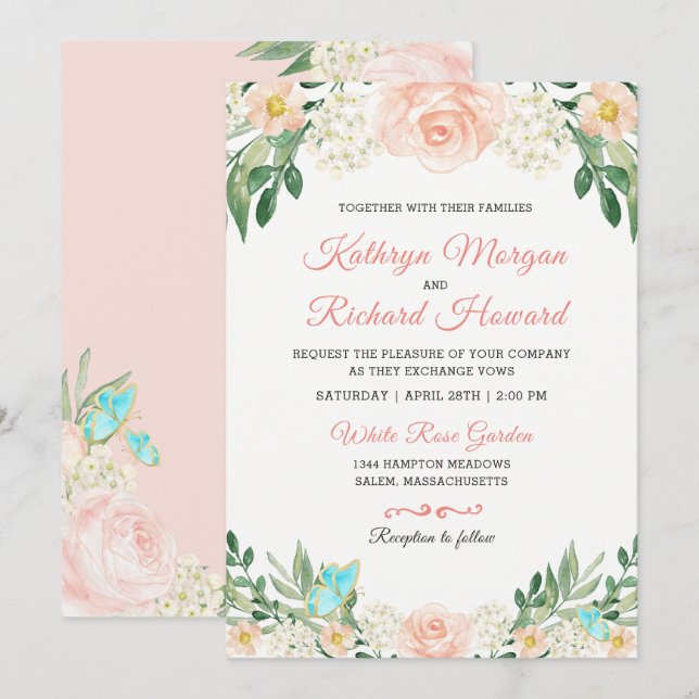 Blush Peach Rose Garden Watercolor Wedding Invite (Front/Back)
