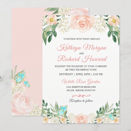 Spring Blush Peach Rose Garden Watercolor Wedding Card