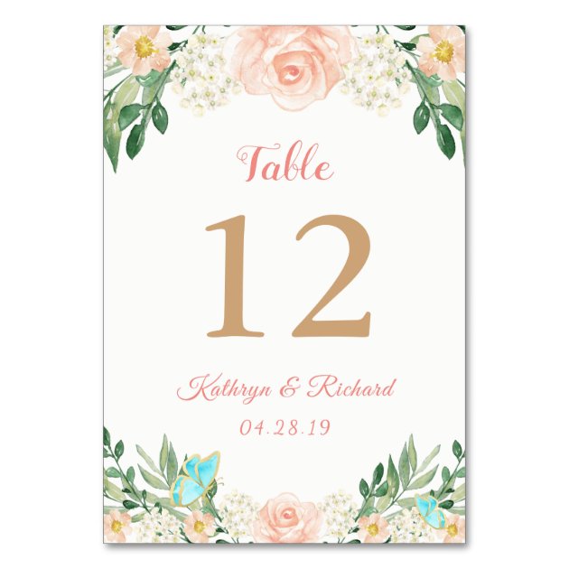 Blush Peach Rose Garden Wedding Table Number Card