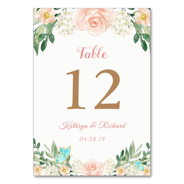 Blush Peach Rose Garden Wedding Table Number Card