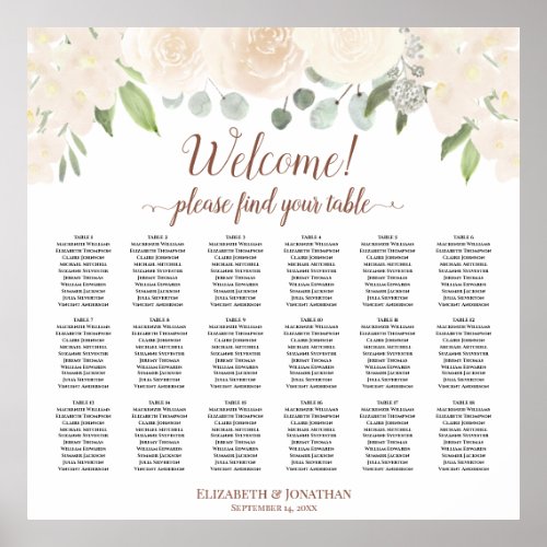 Blush Peach Roses 18 Table Wedding Seating Chart