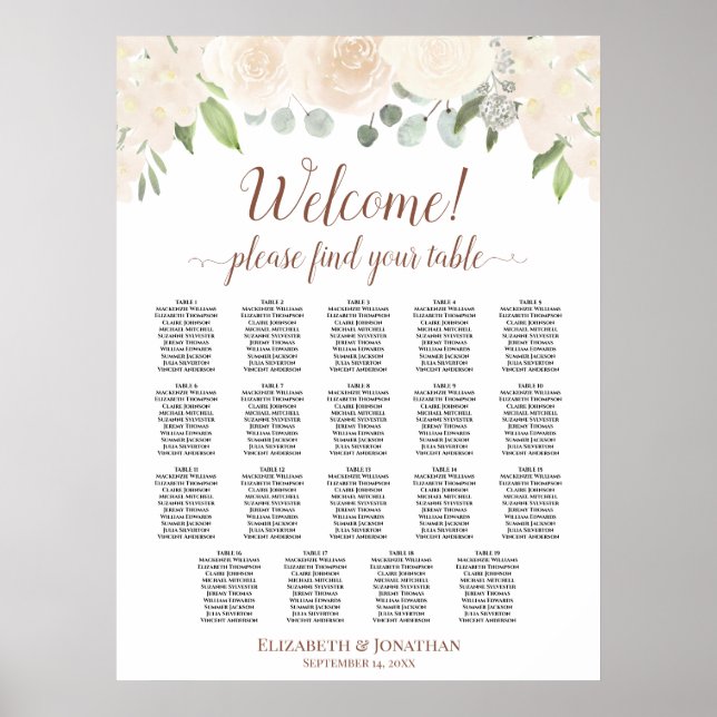 Blush Peach Roses 19 Table Wedding Seating Chart (Front)