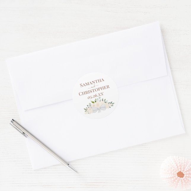 Blush Peach Roses & Blossoms Simple Wedding Classic Round Sticker (Envelope)