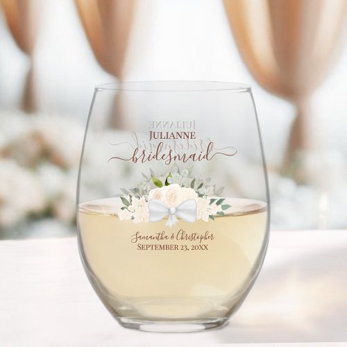 Blush Peach Roses Bridesmaid Maid of Honor Gift Stemless Wine Glass