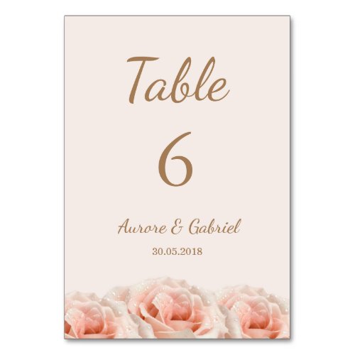 Blush Peach Roses floral Wedding Table number