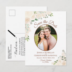 Blush Peach Roses Oval Photo Wedding Save the Date Announcement Postcard