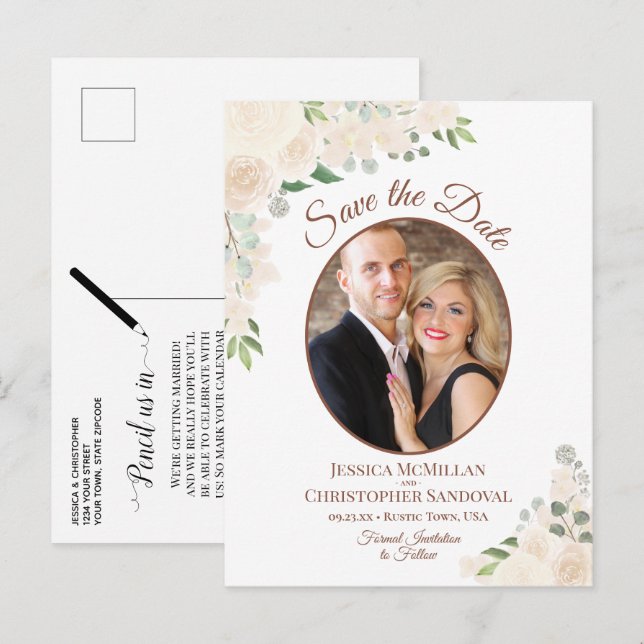 Blush Peach Roses Oval Photo Wedding Save the Date Announcement Postcard (Front/Back)