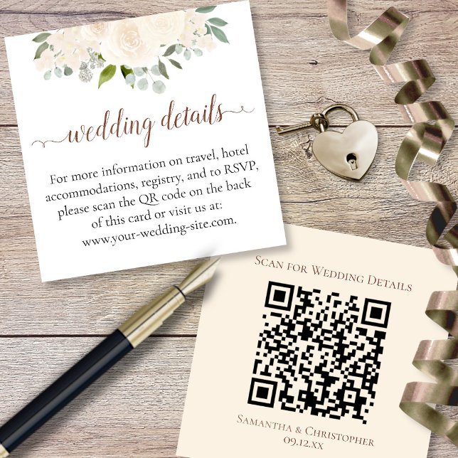 Blush Peach Roses Wedding Details Website QR Code Enclosure Card (Front/Back)