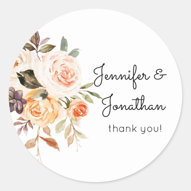 Blush & Peach Rustic Floral Thank You Classic Round Sticker (Front)