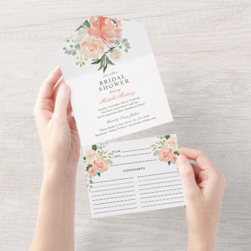 Blush Peach Spring Floral Bridal Shower and Recipe All In One Invitation