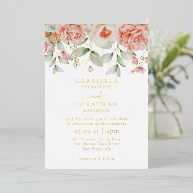 Blush Peach Watercolor Floral Wedding Gold Foil Invitation (Standing Front)