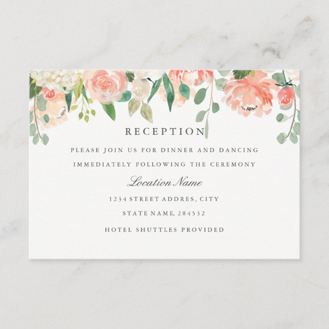 Blush Peach Watercolor Floral Wedding Reception Enclosure Card (Front)