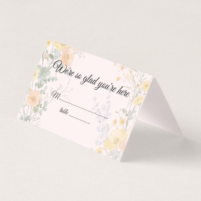 Blush Peach Wildflowers Folded Wedding Place Cards (Front)
