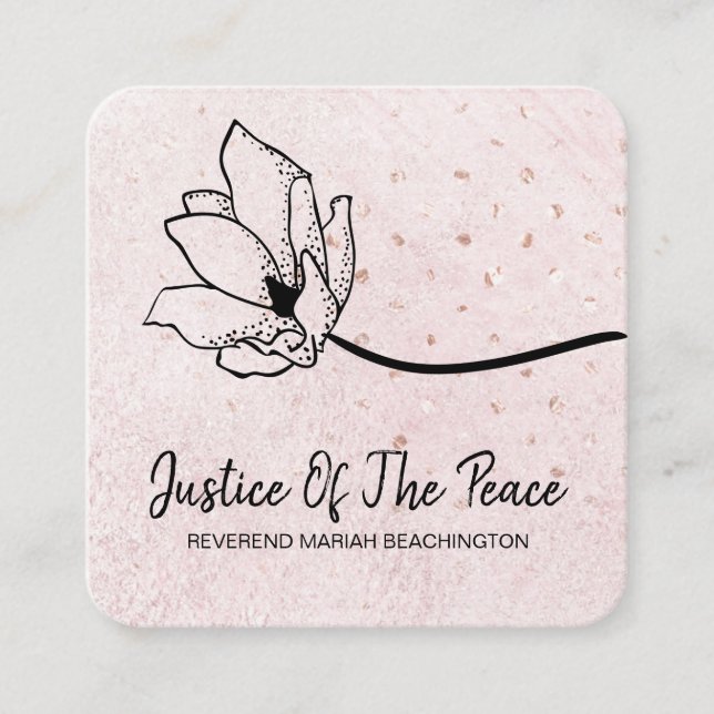 *~* Blush Pearl Glitter Peach Pink Line Art Flower Square Business Card (Front)