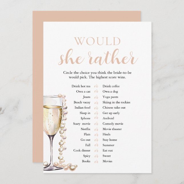 Blush Pearls and Prosecco Would She Rather Game Invitation (Front/Back)