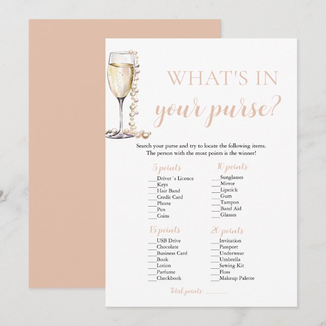 Blush Pearls & Prosecco What's In Your Purse Game Invitation (Front/Back)