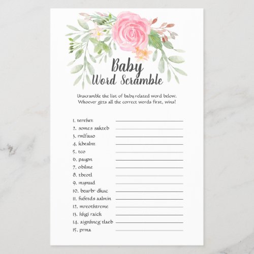 Blush Peonies Baby Shower UK Word Scramble Flyer