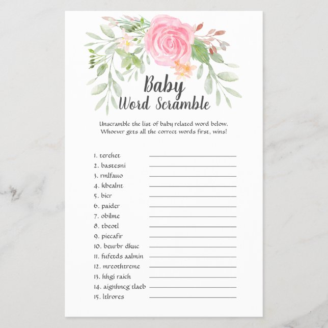 Blush Peonies Baby Word Scramble Flyer (Front)