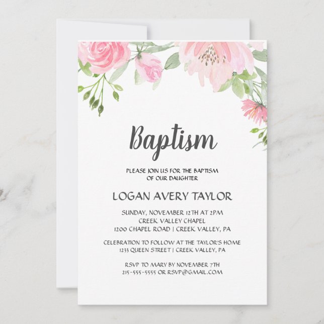 Blush Peonies Baptism Invitation (Front)