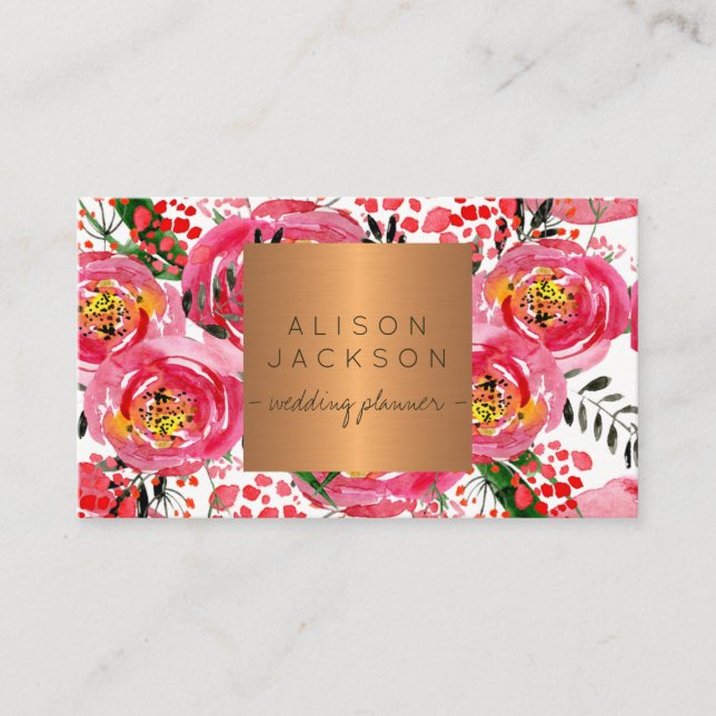 Blush peonies copper gold wedding planner business card (Front)