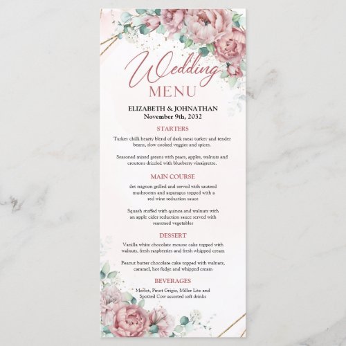 Blush peonies eucalyptus faux gold frame menu