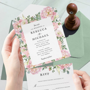 Blush Peonies Hydrangea Eucalyptus Wedding All In One Invitation
