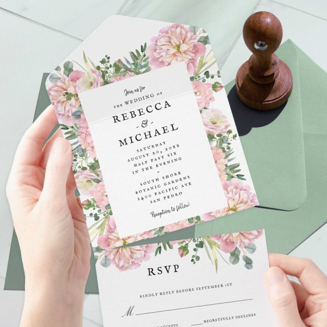 Blush Peonies Hydrangea Eucalyptus Wedding All In One Invitation (Creator Uploaded)