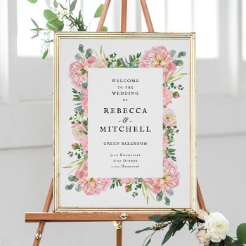 Blush Peonies Hydrangea Eucalyptus Wedding Welcome Poster by beckynimoy at Zazzle