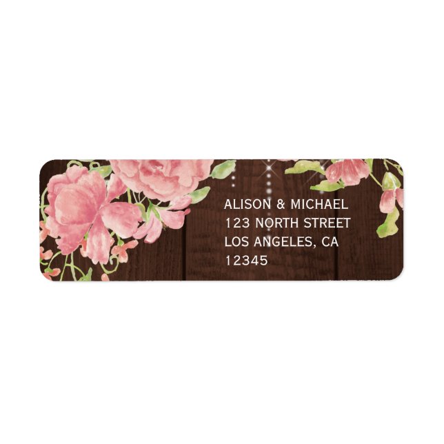 Blush peonies lights rustic barn wood wedding rsvp label (Front)