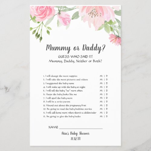 Blush Peonies Mummy or Daddy Game Flyer