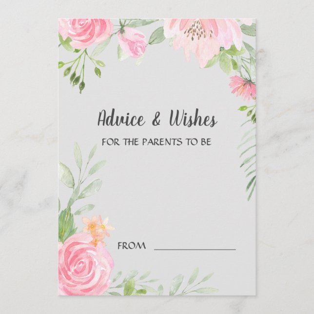 Blush Peonies on Gray Baby Shower Advice Cards (Front)