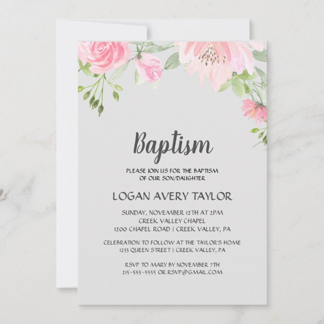Blush Peonies on Gray Baptism Invitation (Front)