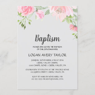 Blush Peonies on Gray Baptism Invitation