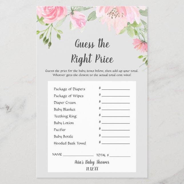 Blush Peonies on Gray Guess The Right Price Game Flyer (Front)