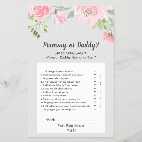 Blush Peonies on Gray Mummy or Daddy Game Flyer
