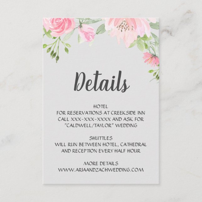 Blush Peonies on Gray Wedding Details Enclosure Card (Front)