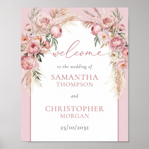 Blush peonies pampas boho arch wedding welcome poster