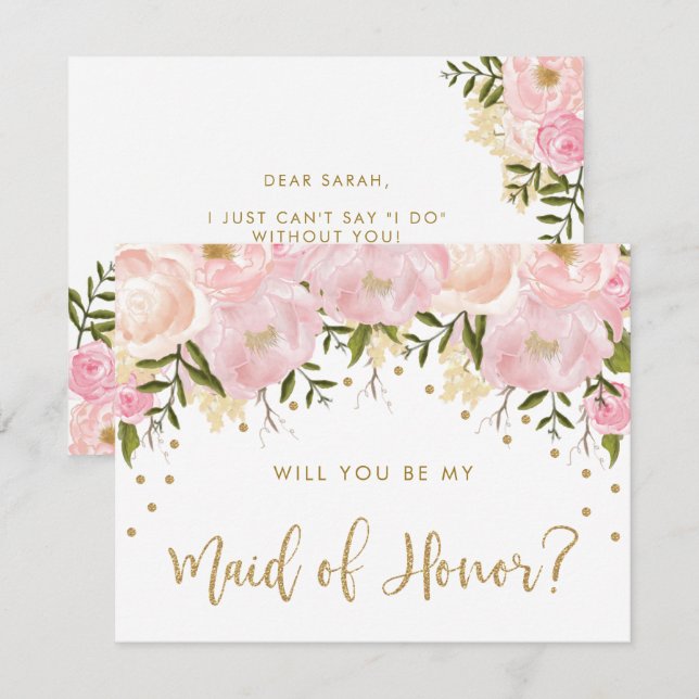 Blush Peonies Pink Floral Be My Maid of Honor Invitation (Front/Back)