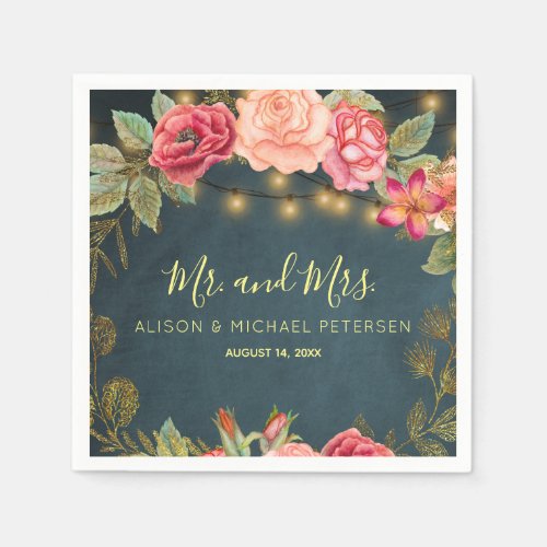 Blush peonies twinkle lights mr and mrs wedding paper napkins