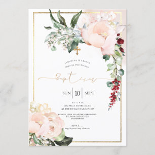 Blush Peonies Watercolor Flowers Baptism Invitation