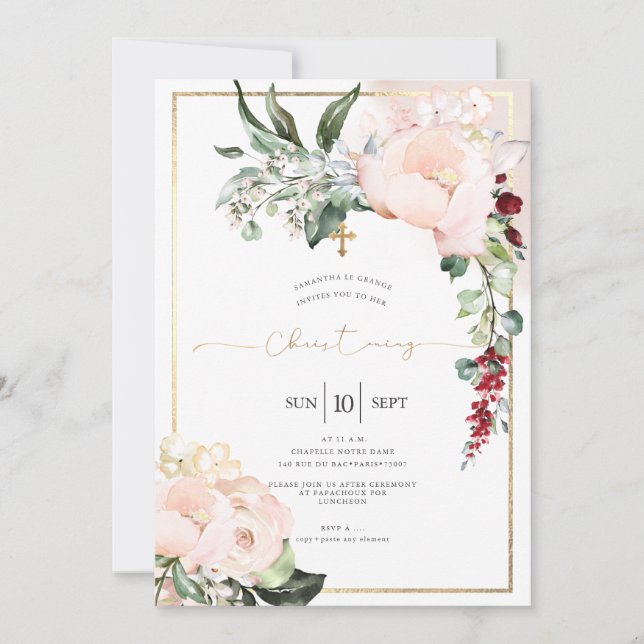Blush Peonies Watercolor Flowers Christening Invitation (Front)