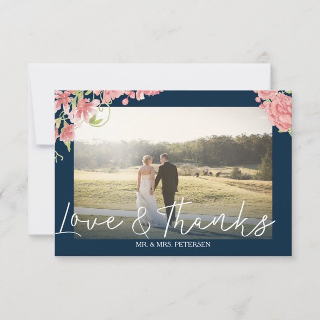 Blush peonies white navy wedding photo thank you card (Front)