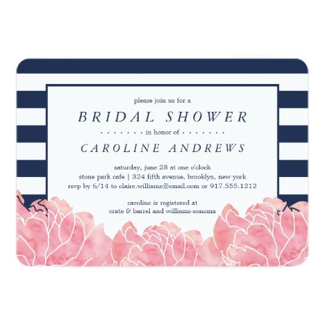 Blush Peony and Navy Stripe Bridal Shower Invitation