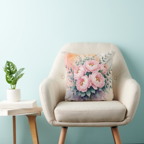 "Blush Peony Bouquet at Sunset | Watercolor Floral Throw Pillow