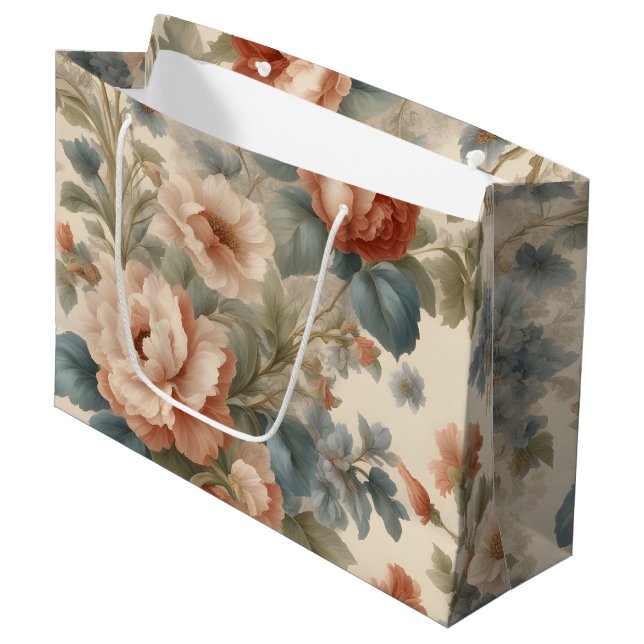 Blush Peony Collage with Blue Flowers Large Gift Bag (Front Angled)