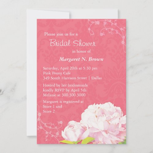 Trendy Coral Pink Damask + Peony Bridal Shower Custom Announcements