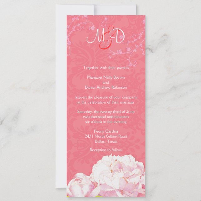Blush Peony Coral Pink Monogram Wedding Invitation (Front)