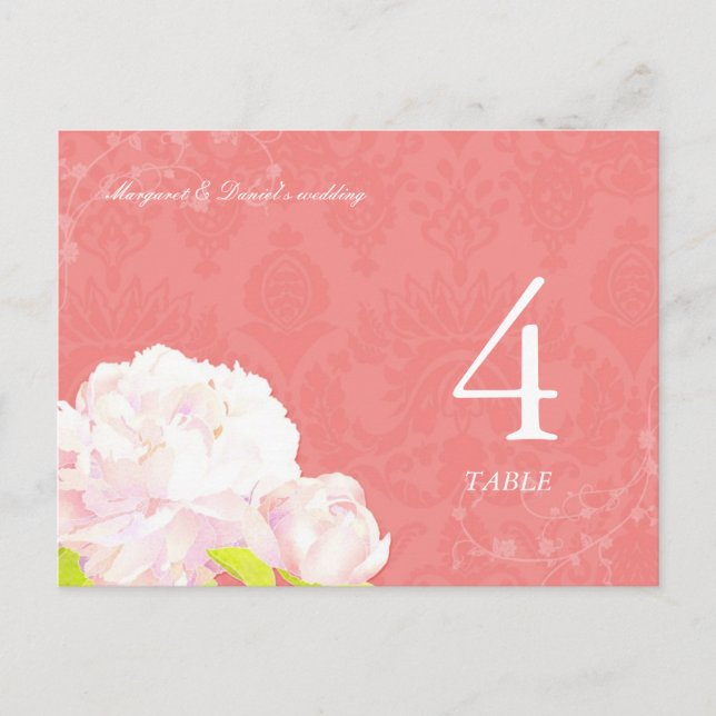 Blush Peony Coral Wedding Table Number (Front)