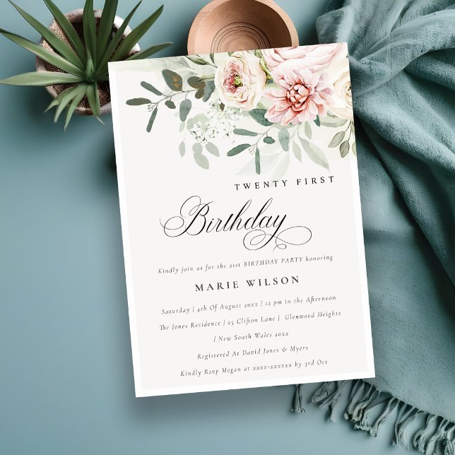 Blush Peony Eucalyptus Foliage Any Age Birthday Invitation (Creator Uploaded)
