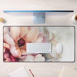 Blush Peony Floral Desk Mat   Soft Pastel Art